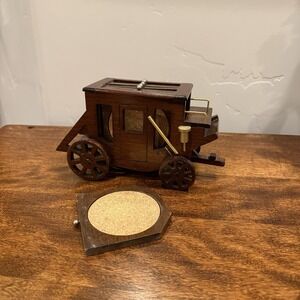 Vintage Handmade Covered‎ Wagon Stagecoach Wood Cork 6 Coaster Set Horse & Buggy